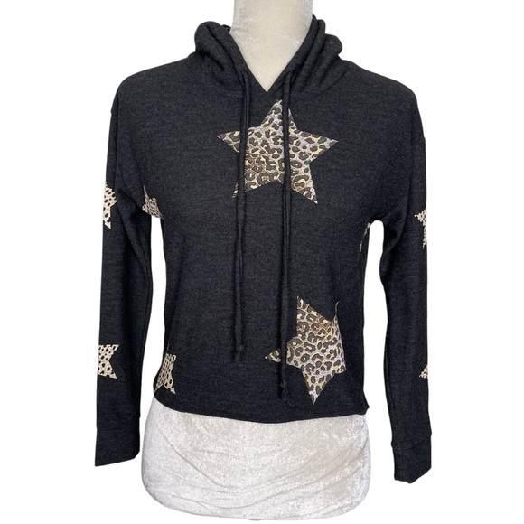 Chaser Leopard Animal Print  Star Print Gray Hoodie Women’s Size XS Cropped - Picture 2 of 9